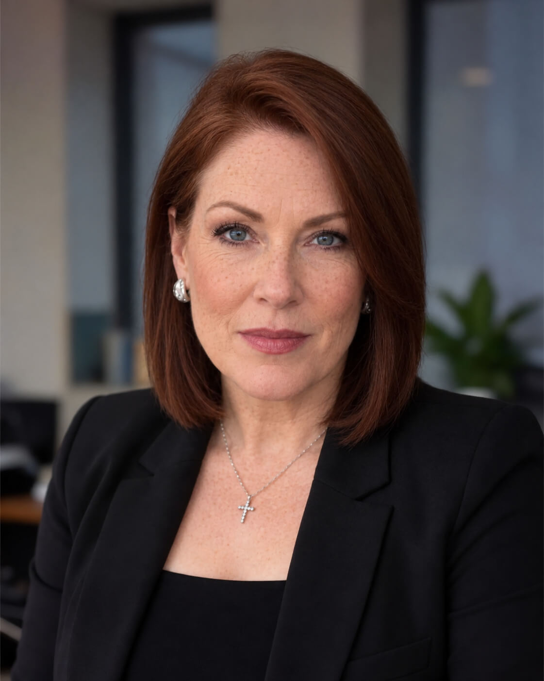 AI event headshot: woman with an auburn bob in a black blazer against a softly blurred office background