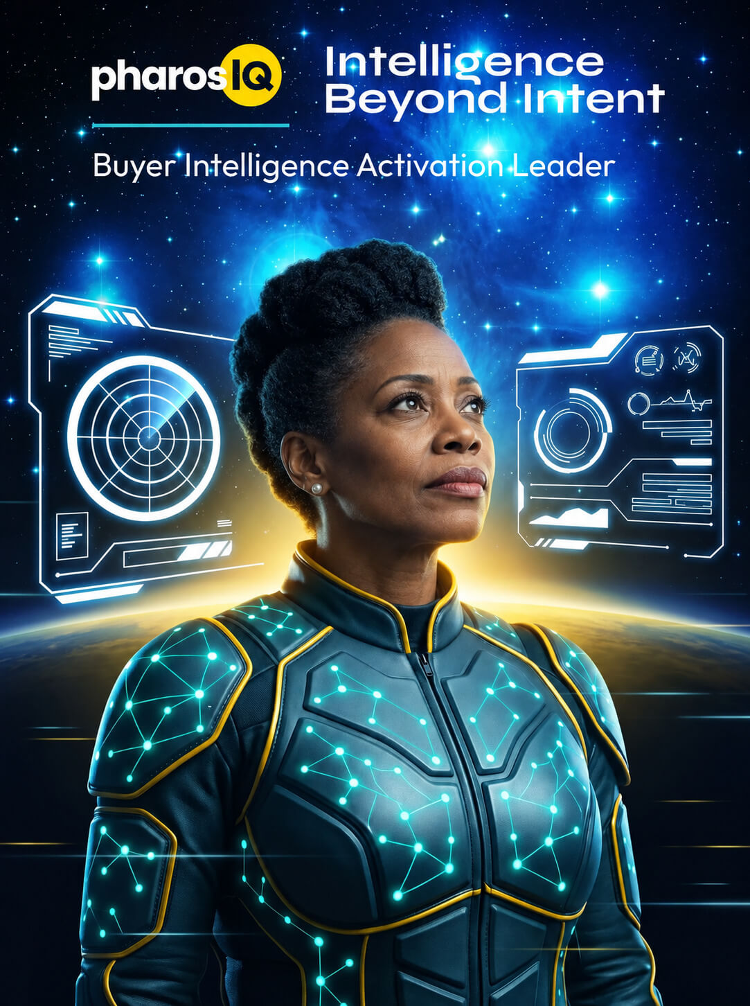 AI photo booth output: attendee as a futuristic space commander in glowing armor above Earth, with pharosIQ Intelligence Beyond Intent branding (client branded)