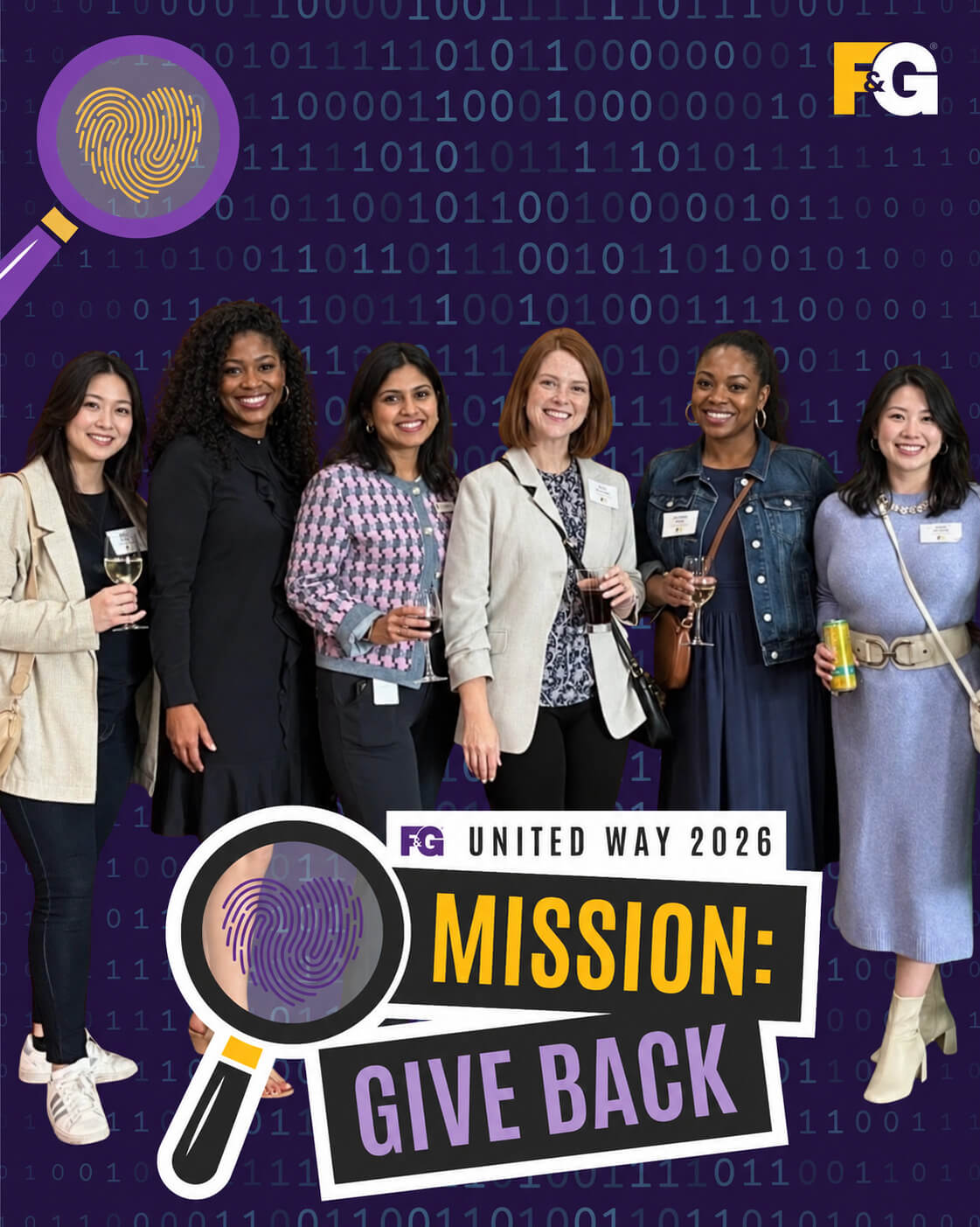 Digital photo booth group photo of six women in an F&G United Way 2026 Mission: Give Back overlay with a fingerprint magnifier graphic (client branded)