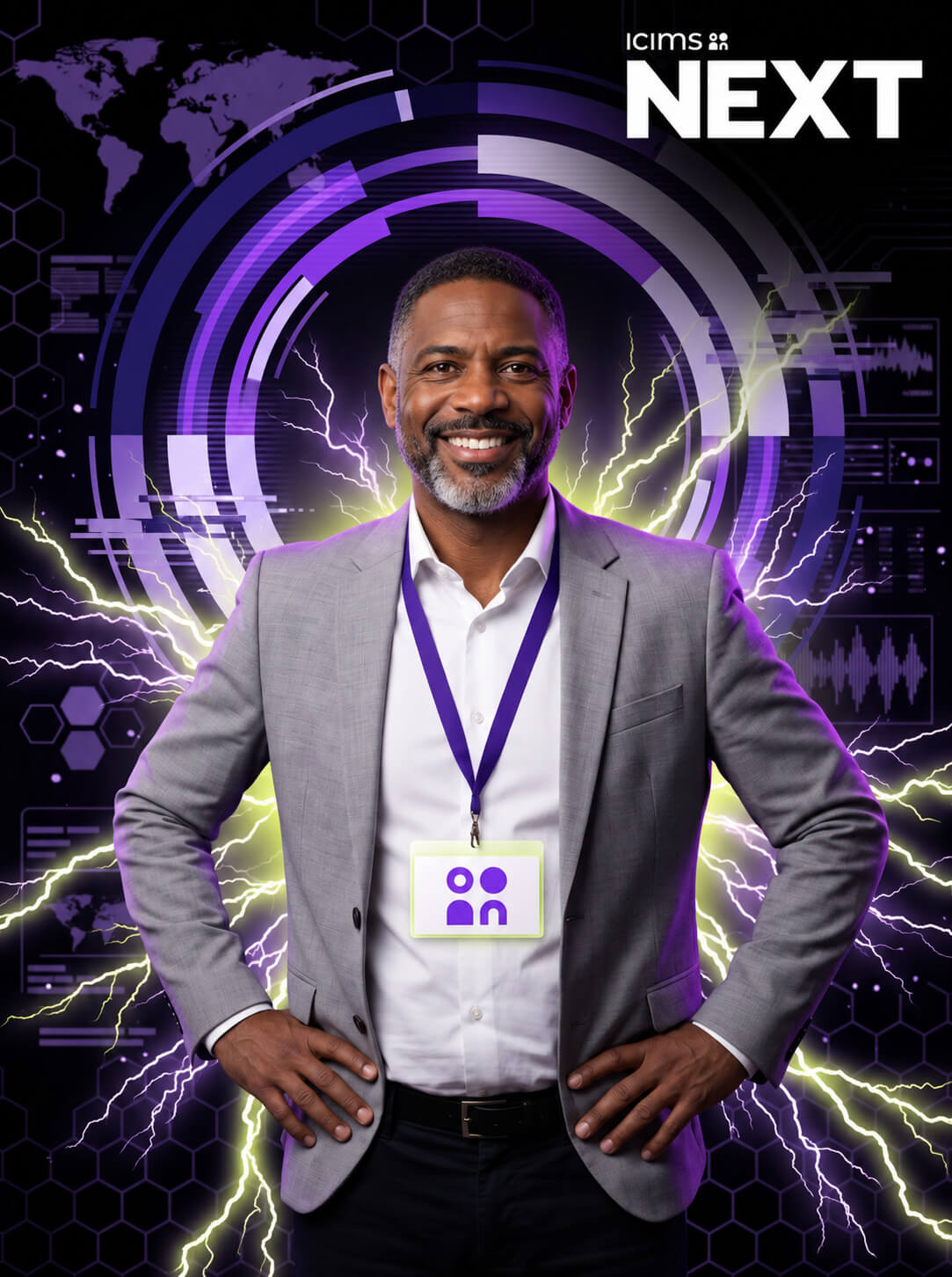 AI photo booth output: smiling attendee in a gray blazer surrounded by purple lightning and tech graphics, with iCIMS NEXT branding (client branded)