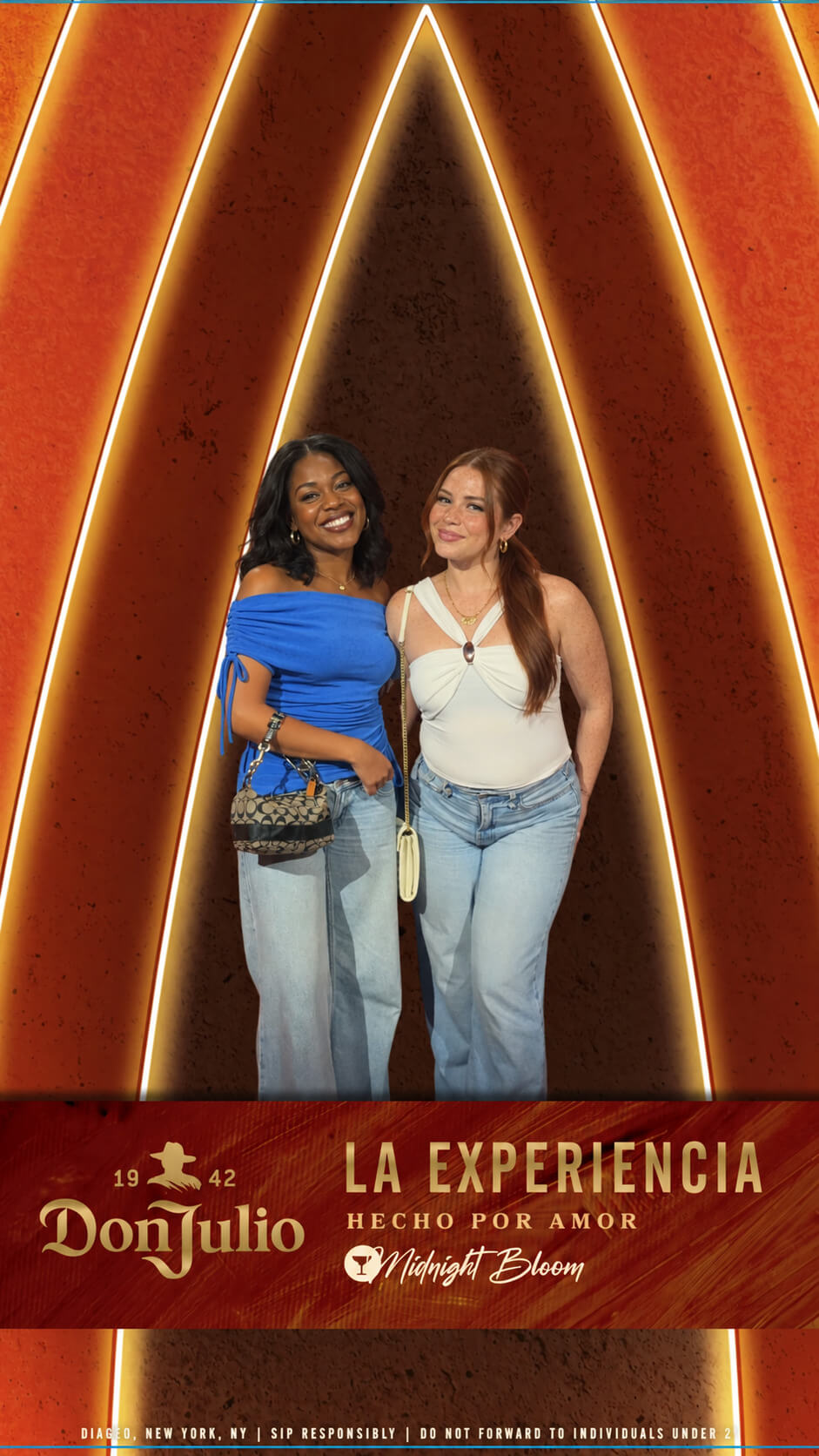 Digital photo booth photo of two friends posing under glowing orange arches in a Don Julio La Experiencia overlay (client branded)