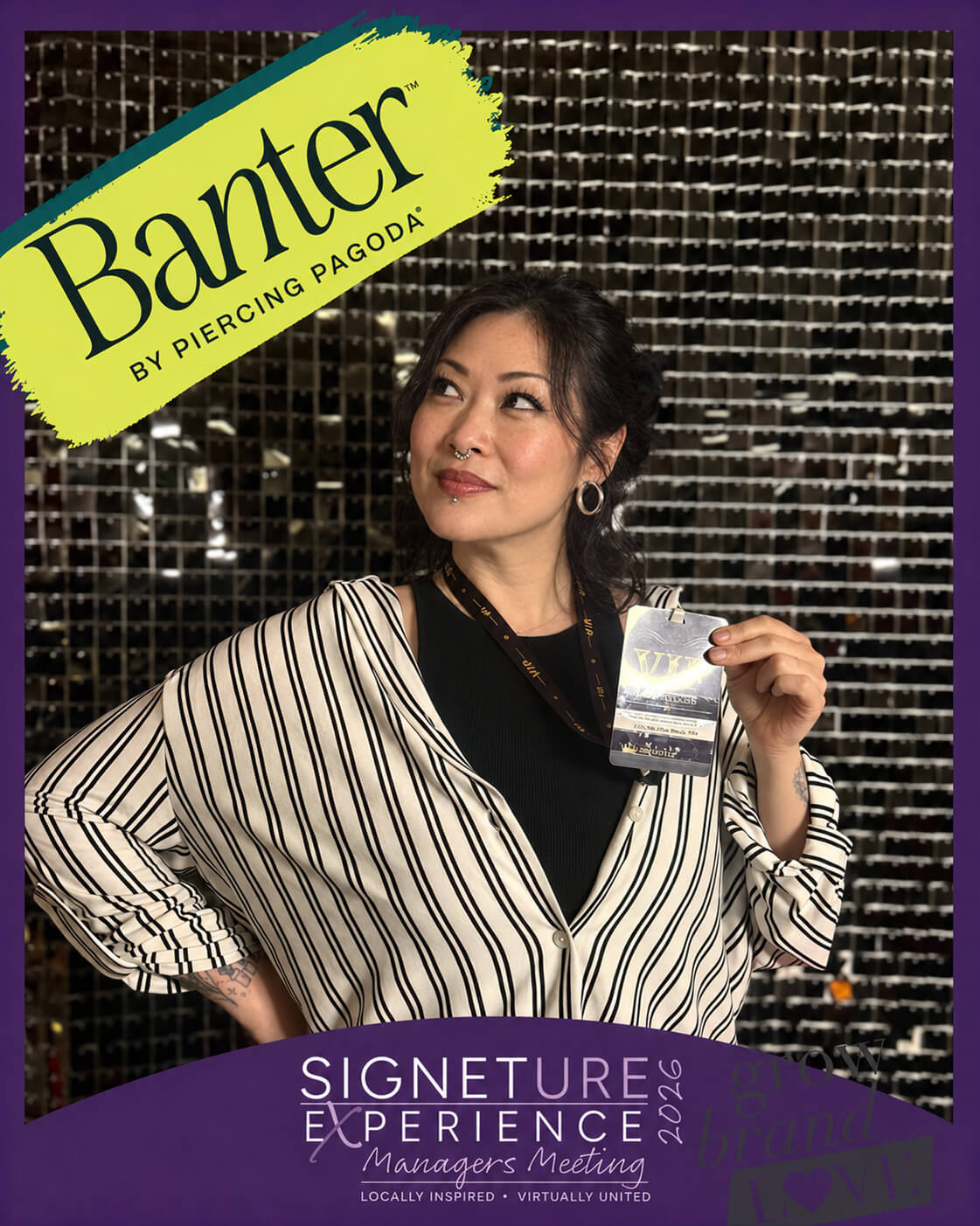 Digital photo booth photo of a guest holding a VIP badge in front of a sequin wall, with Banter by Piercing Pagoda and Signature Experience 2026 branding (client branded)