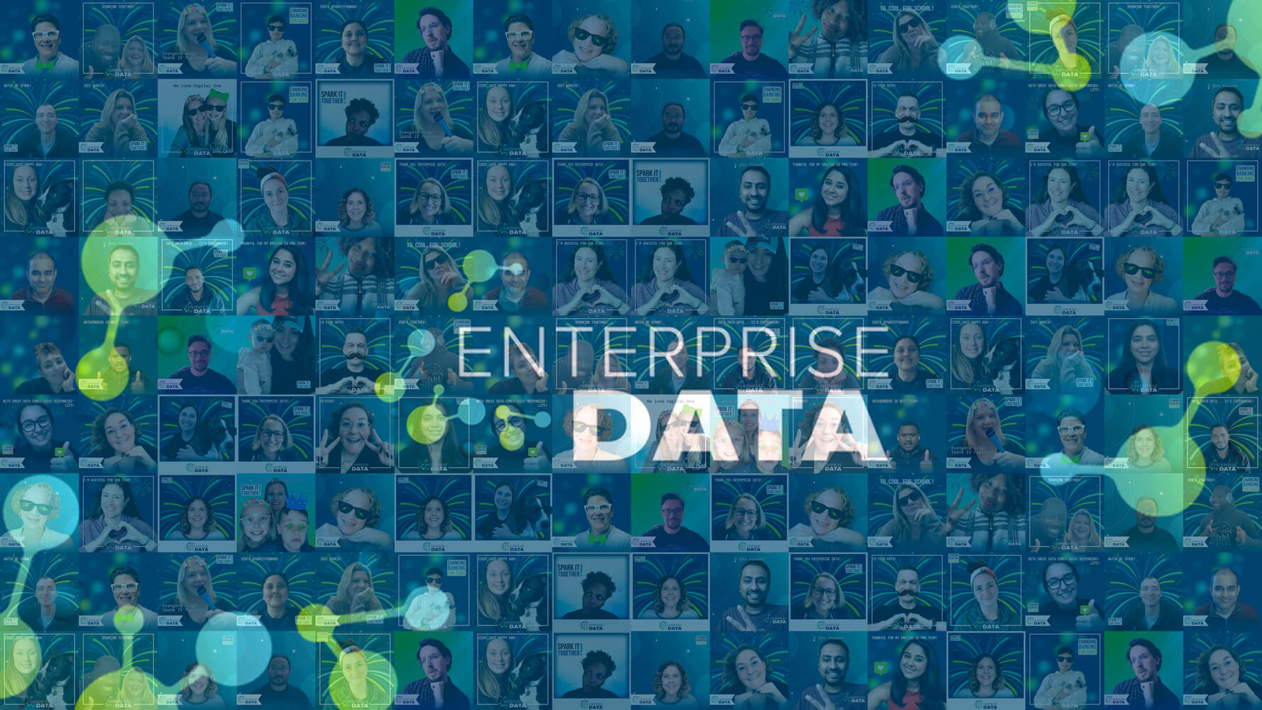 Photo mosaic of hundreds of branded employee photos on a blue background forming the Enterprise Data logo