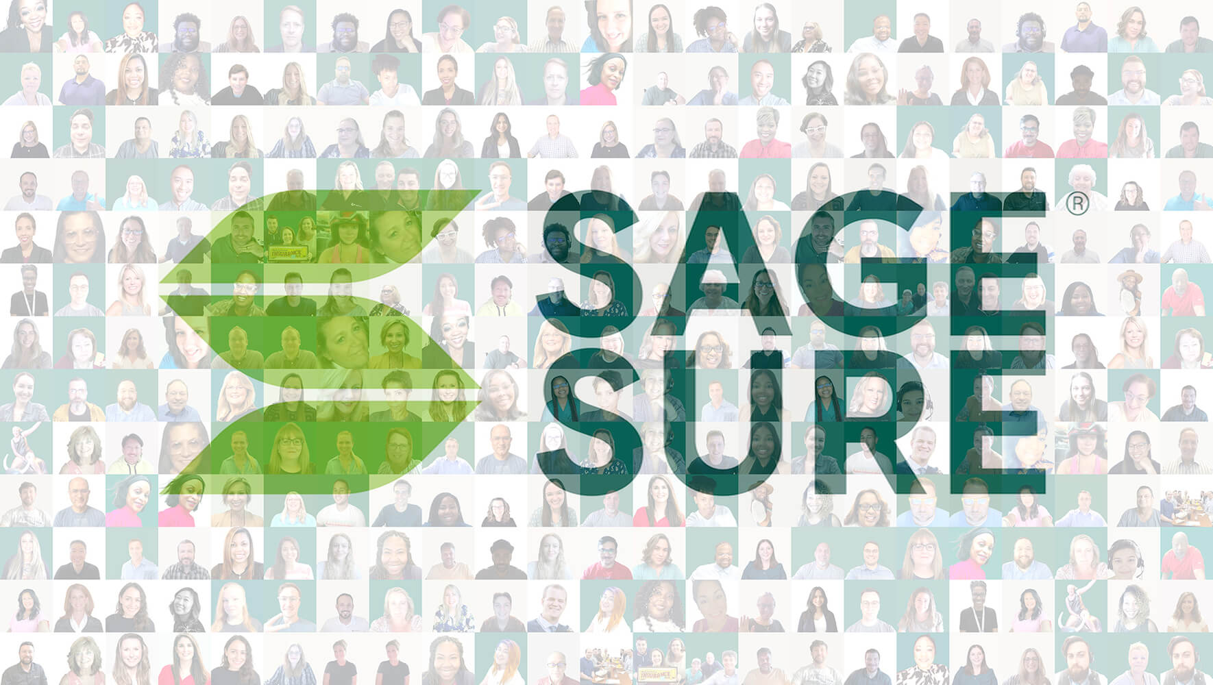 Photo mosaic of employee headshots forming the green SageSure leaf logo and wordmark
