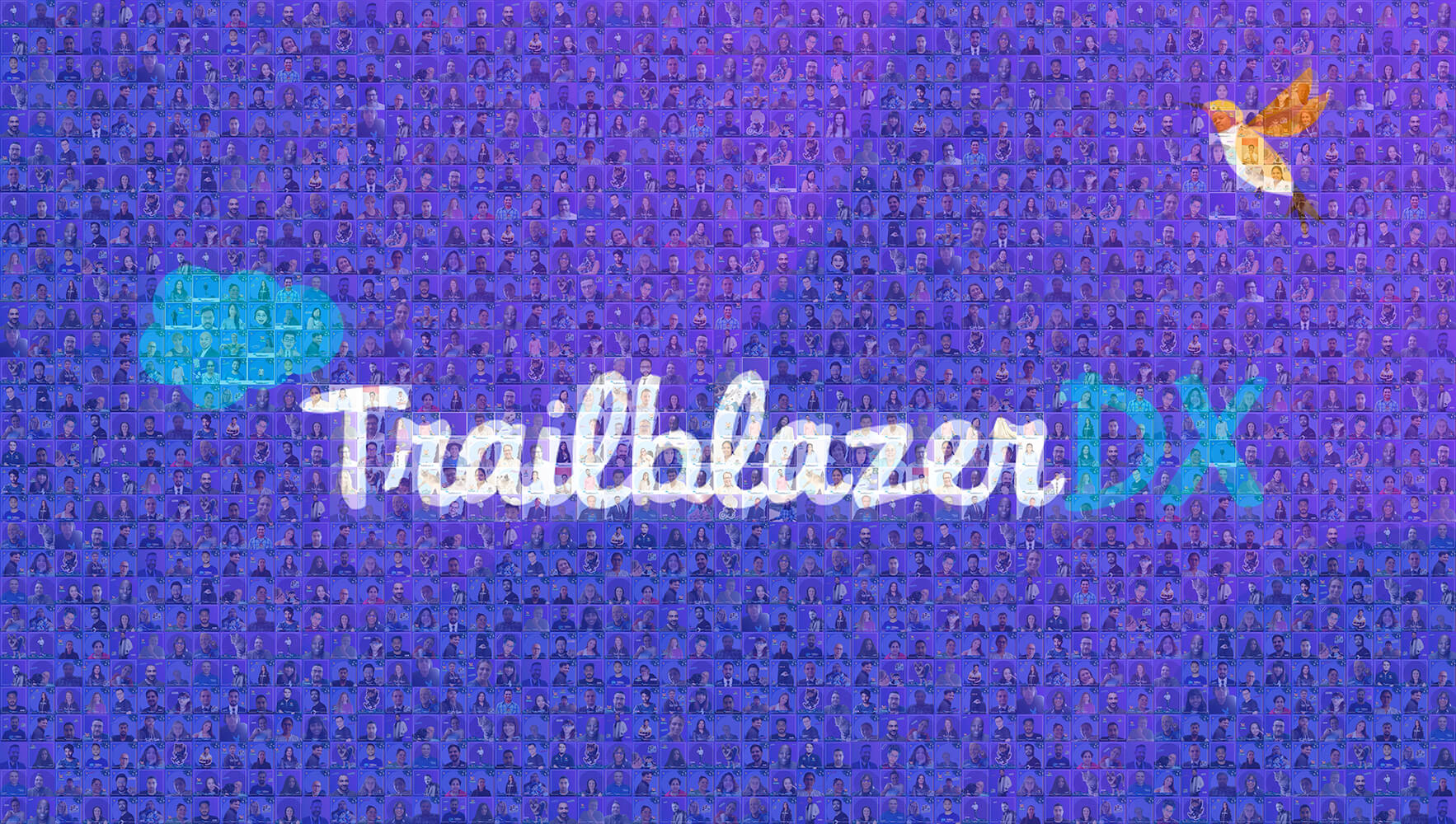 Purple photo mosaic of conference attendee photos forming the TrailblazerDX logo with a cloud and hummingbird