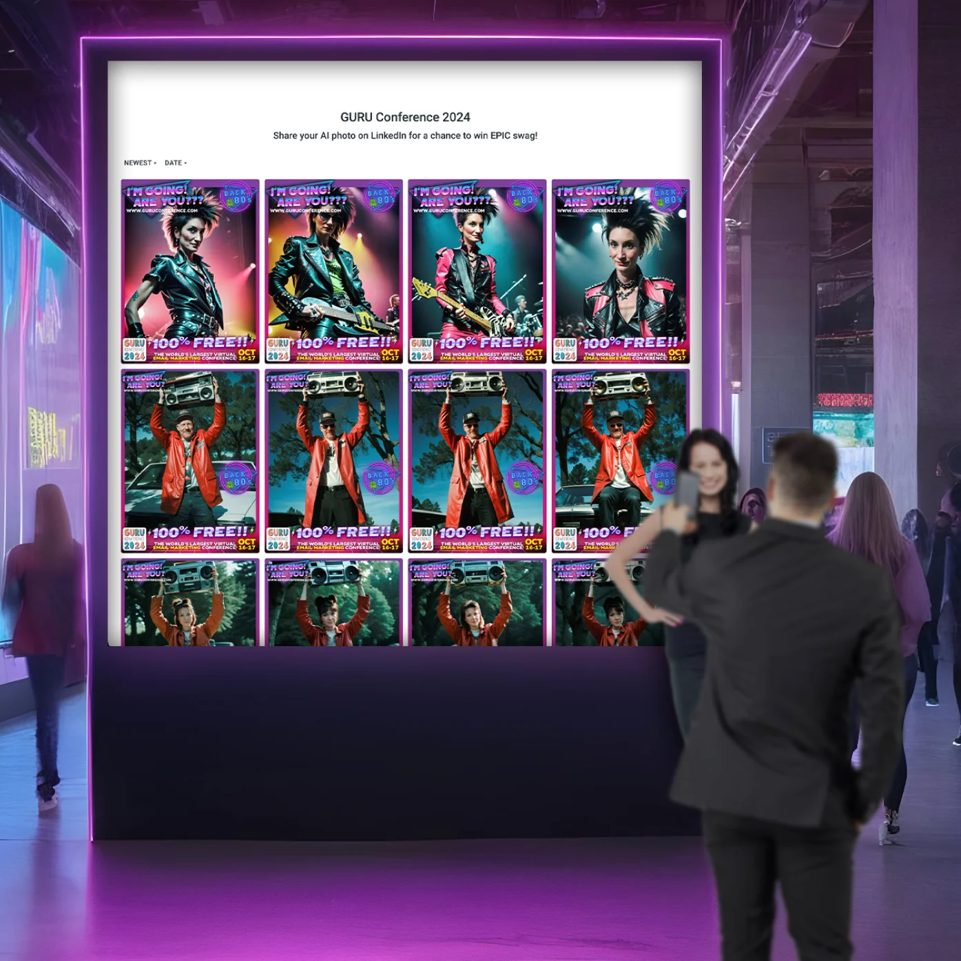 A large event screen showing a live gallery of guests' AI portraits while an attendee photographs the wall