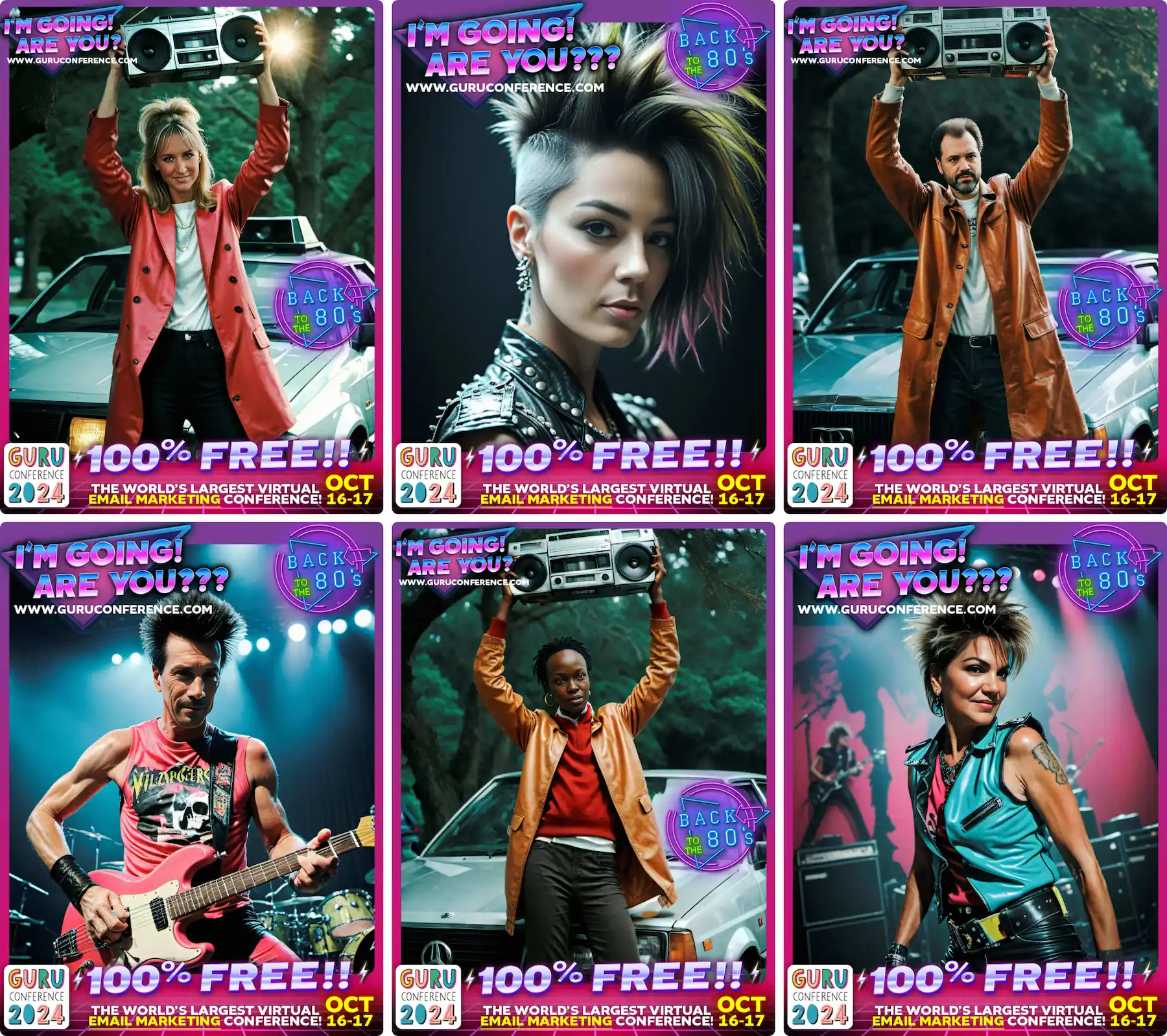 Six AI 80s-themed portraits of Guru Conference registrants in trading card frames reading I'm going! Are you?