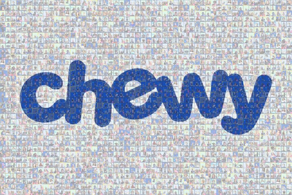 Photo mosaic of employee and pet photos spelling out the blue Chewy logo