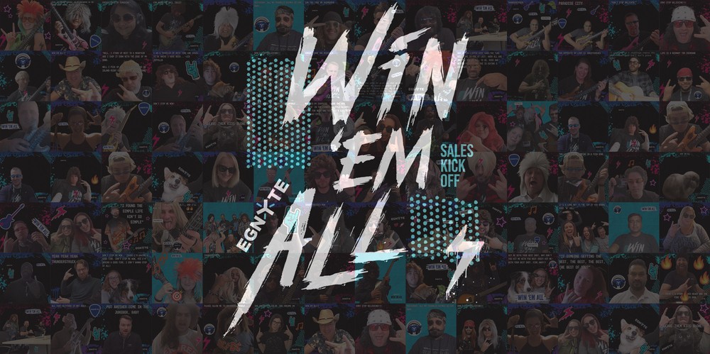Rock themed photo mosaic of costumed employee photos behind a Win 'Em All Egnyte Sales Kick Off graphic