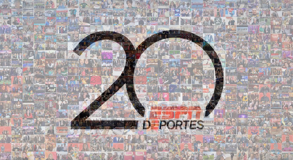 Photo mosaic of staff and on-air photos forming a large 20 with the ESPN Deportes logo