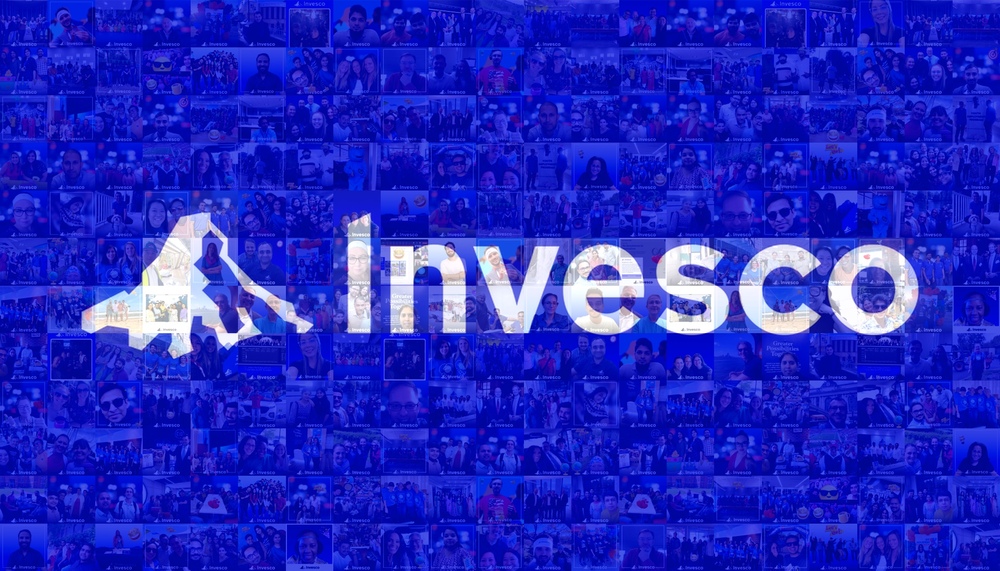 Blue photo mosaic of employee photos forming the white Invesco mountain logo and wordmark