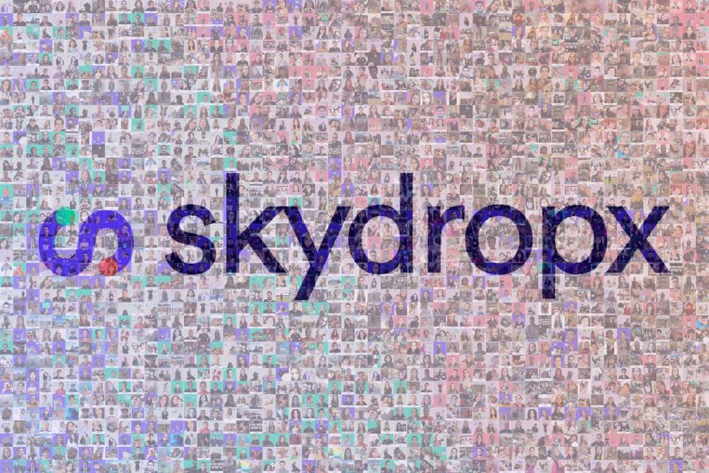 Pastel photo mosaic of employee photos spelling out the purple Skydropx logo