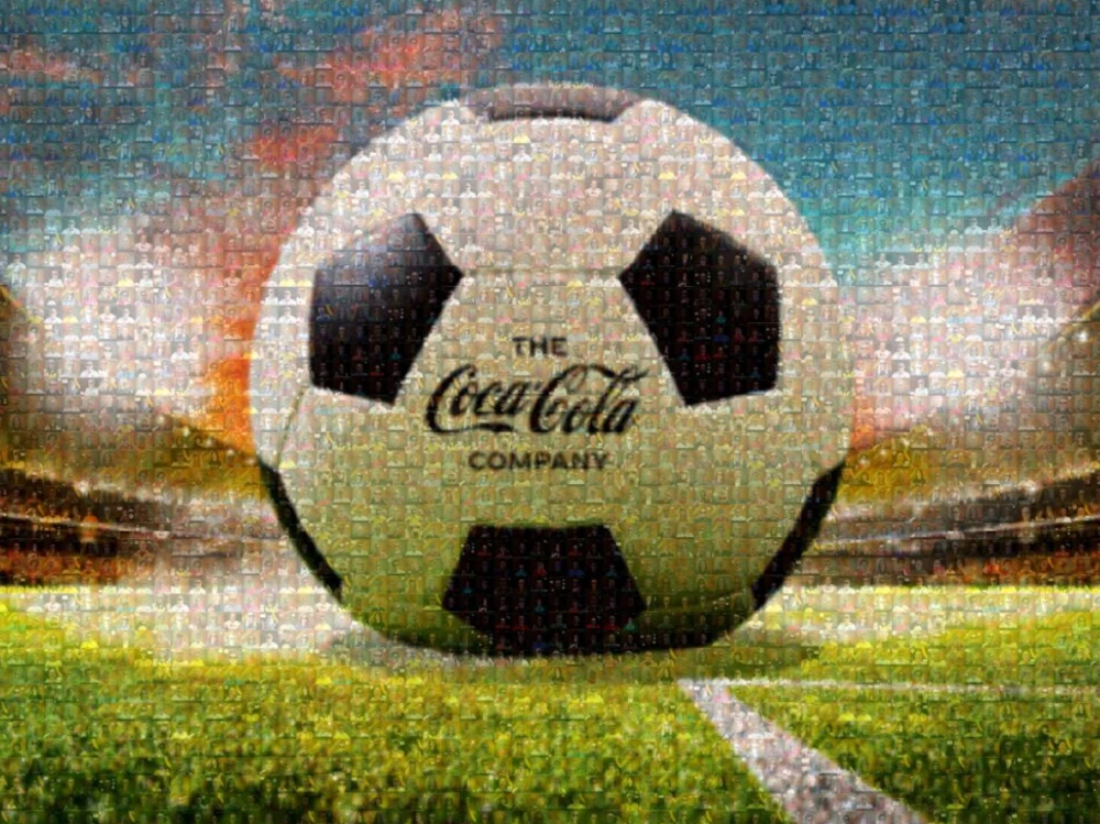 Photo mosaic of employee photos forming a soccer ball with The Coca-Cola Company logo in a stadium