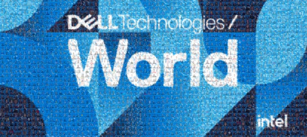 Blue photo mosaic of attendee photos forming the Dell Technologies World logo with Intel branding