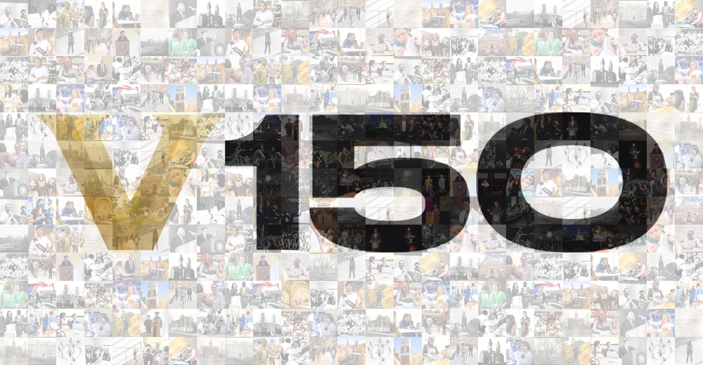 Photo mosaic of campus and community photos forming a gold and black V150 anniversary logo