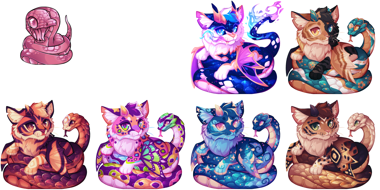 A young manticore kitten with horns, wings, and living snake tail.
