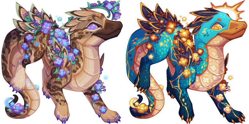 A fantasy platypus-like creature. It is adorned with star filled flowers and halos.