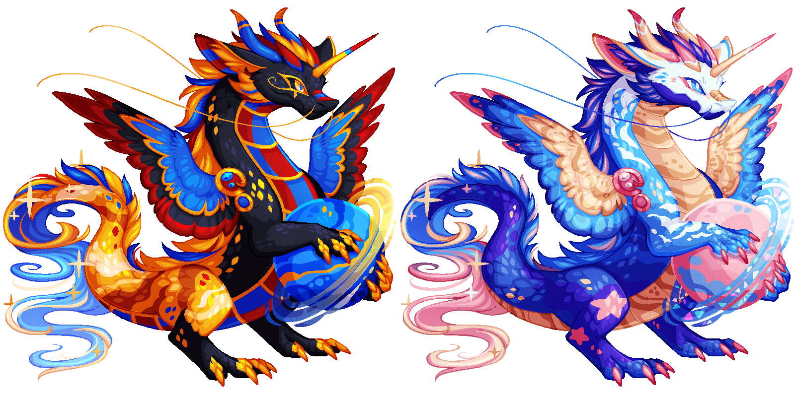 A winged and horned dragon. It holds a planet in its paws.