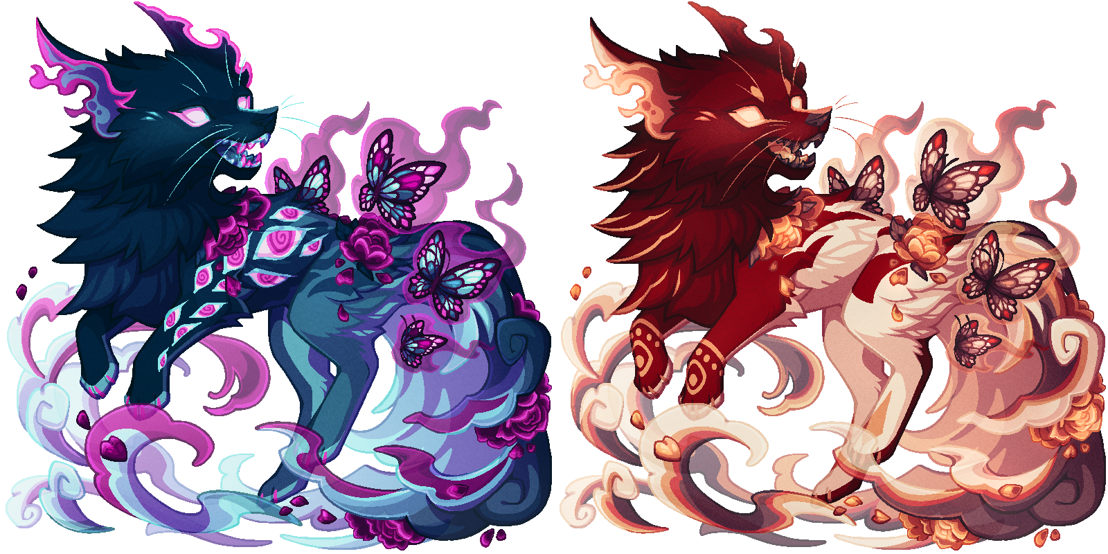 A ghostly fox spirit. It is flanked by ghost butterflies and adorned in flowers.