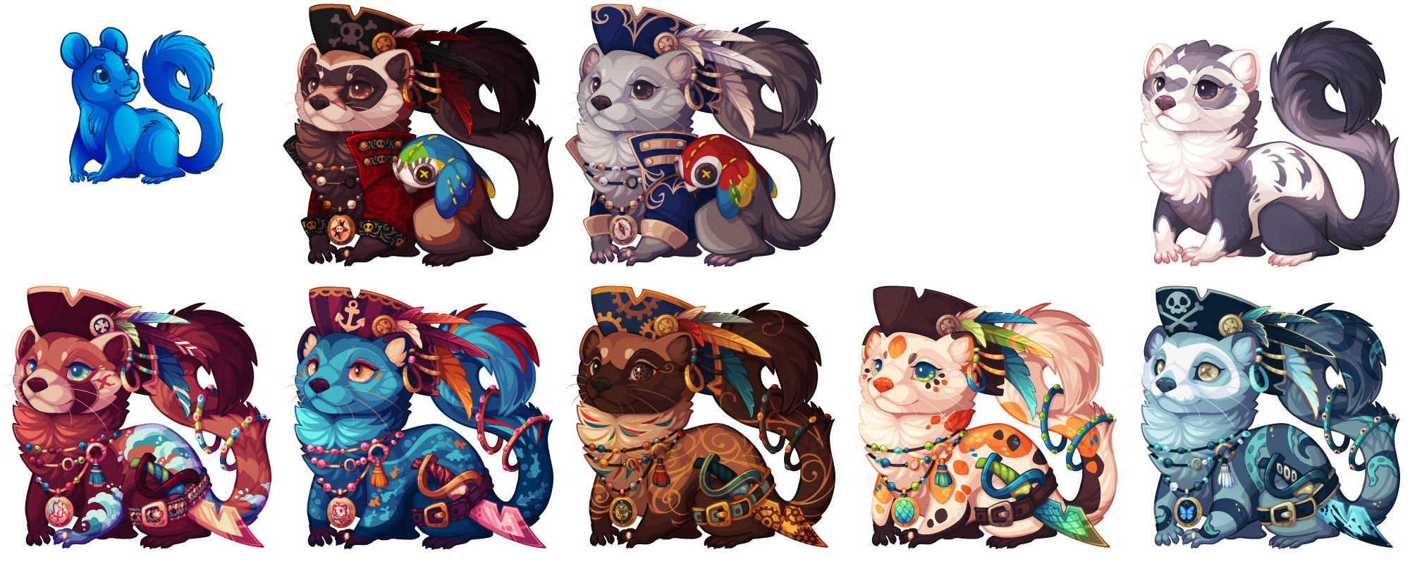 A set of swashbuckling pirate ferrets! They are adorned in pirate hats, swords, plushie parrots, and more!