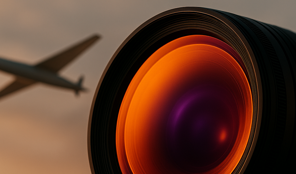 A Thermal camera lens closeup with a drone in the sky in the background
