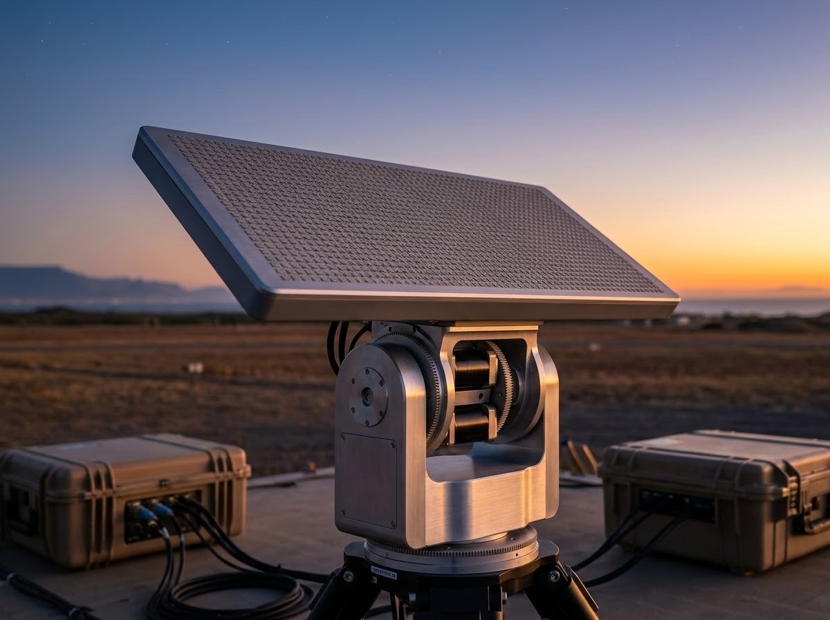 A professional, high-resolution photograph of a modern, compact, flat-panel electronic scanning antenna (ESA) mounted on a small tracking gimbal or pedestal. The antenna has a sleek, low-profile design similar to the SkyARX-E Ku-band antenna, featuring a flat rectangular or circular surface with integrated phased array elements. The scene is set in an aerospace laboratory or an outdoor testing site during sunset.