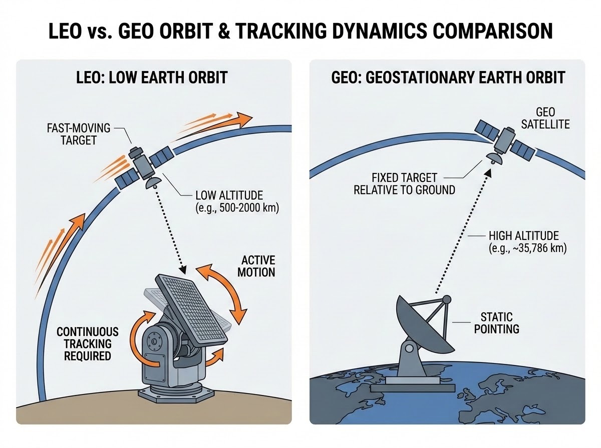A clear, educational comparison diagram between LEO and GEO satellite orbits and their tracking dynamics. On the left, a LEO (Low Earth Orbit) satellite is shown moving rapidly along a low-altitude curved arc over a ground station antenna, with motion blur or arrows indicating high velocity; the antenna is shown rotating to follow it. On the right, a GEO (Geostationary) satellite is positioned at a much higher altitude, fixed in space relative to its ground station. The diagram uses clean lines and labels to highlight the 'continuous tracking' requirement for LEO versus the 'static pointing' for GEO.