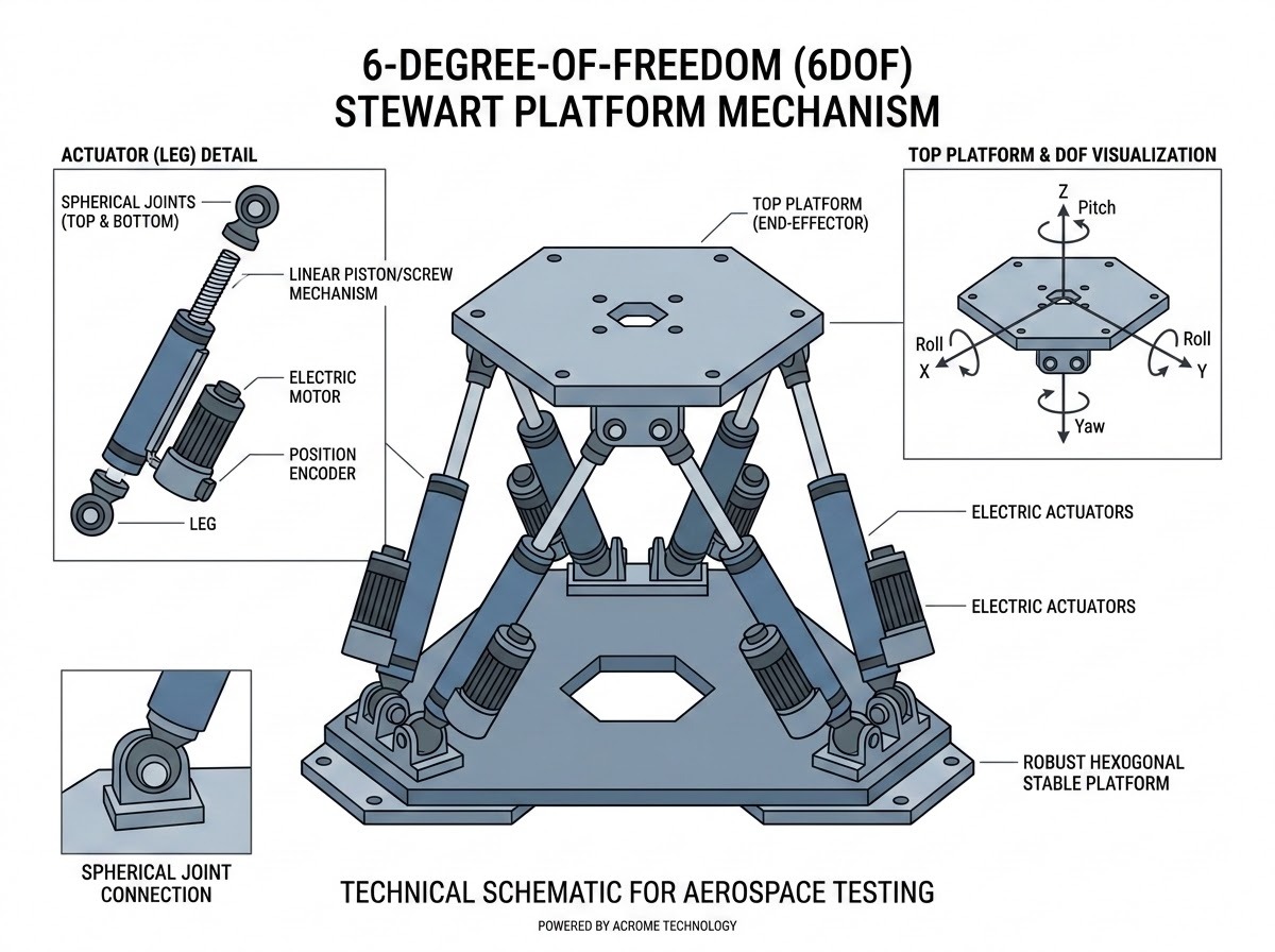 An AI-generated detailed diagram of a 6-Degree-of-Freedom (6DOF) Stewart Platform mechanism, showing the base, the top platform, and the six hydraulic or electric actuators (legs) connecting them.