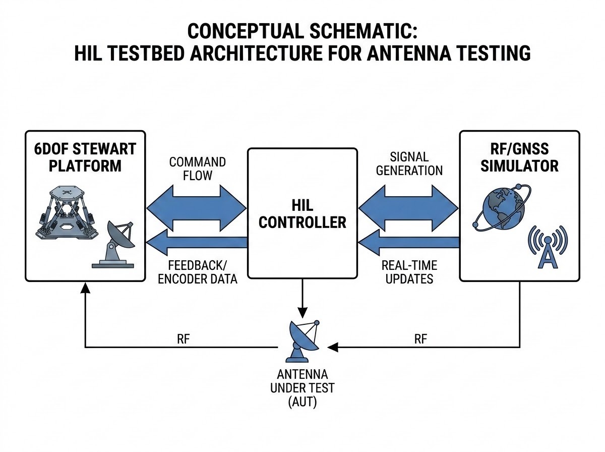 A conceptual schematic diagram of a Hardware-in-the-Loop (HIL) testbed for antenna testing. At the center is an 'HIL Controller' box, with bidirectional arrows connecting it to a '6DOF Stewart Platform' box on one side and an 'RF/GNSS Simulator' box on the other. The diagram uses clean lines and blocks to represent the flow of control and feedback between the systems.
