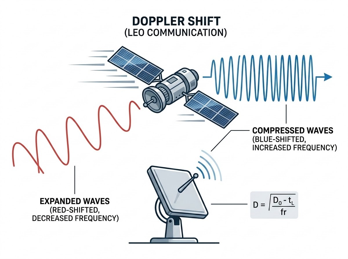 A scientific illustration of the Doppler shift effect in LEO satellite communication. A satellite is shown moving quickly from left to right over a ground station. To the right of the satellite (its direction of travel), the signal waves are shown compressed and blue-shifted, indicating an increase in frequency. To the left, behind the satellite, the waves are expanded and red-shifted, indicating a decrease in frequency. The ground station antenna is positioned in the center, receiving the varying signal wavelengths.
