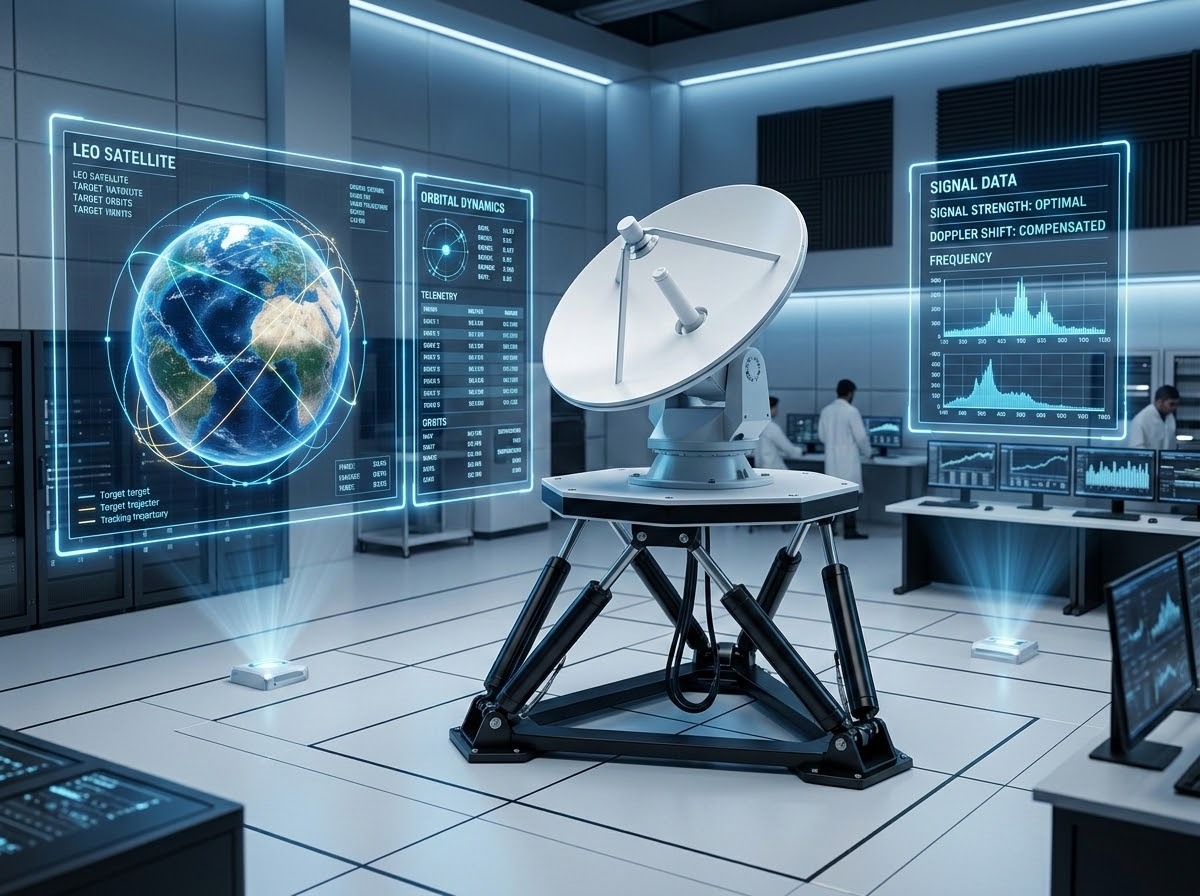 A professional, high-resolution AI-generated image of a futuristic aerospace testing laboratory, serving as a high-level summary of LEO ground station antenna testing. The scene features a sleek 6DOF Stewart Platform with a satellite antenna mounted on it. A glowing digital 'virtual space' HUD overlay surrounds the equipment, displaying real-time satellite tracking trajectories, signal data, and orbital dynamics. The environment is clean and modern with cutting-edge engineering aesthetics, suitable for a website cover image.