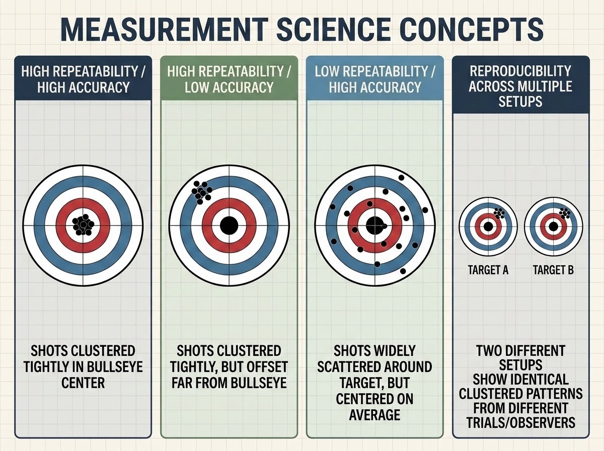 An educational scientific infographic illustrating the concepts of Repeatability, Accuracy, and Reproducibility using dartboard/target diagrams. The diagram shows four target scenarios: 1. High Repeatability / High Accuracy (shots clustered tightly in the bullseye center), 2. High Repeatability / Low Accuracy (shots clustered tightly together, but offset far from the bullseye), 3. Low Repeatability / High Accuracy (shots widely scattered around the target, but centered on average around the bullseye), 4. Reproducibility across multiple setups (two different targets showing identical clustered patterns from different trials/observers). Clear labels and clean vector icon styling.