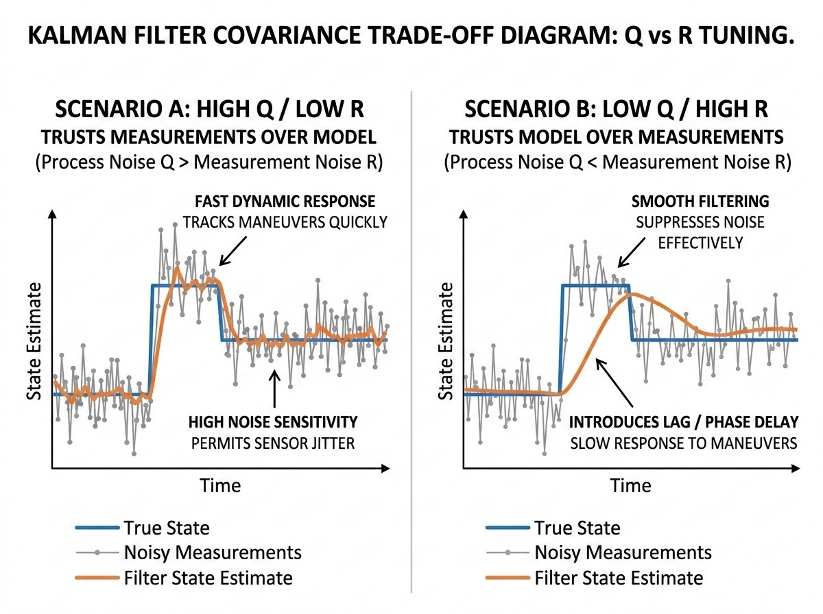 Diagram illustrating the trade-off between process noise covariance (Q) and measurement noise covariance (R) in a Kalman Filter. High Q / Low R leads to fast dynamic response and high noise sensitivity, tracking dynamic changes quickly but permitting sensor jitter. Low Q / High R results in smooth filtering and lag, suppressing noise effectively but introducing phase delay and slow response to maneuvers.