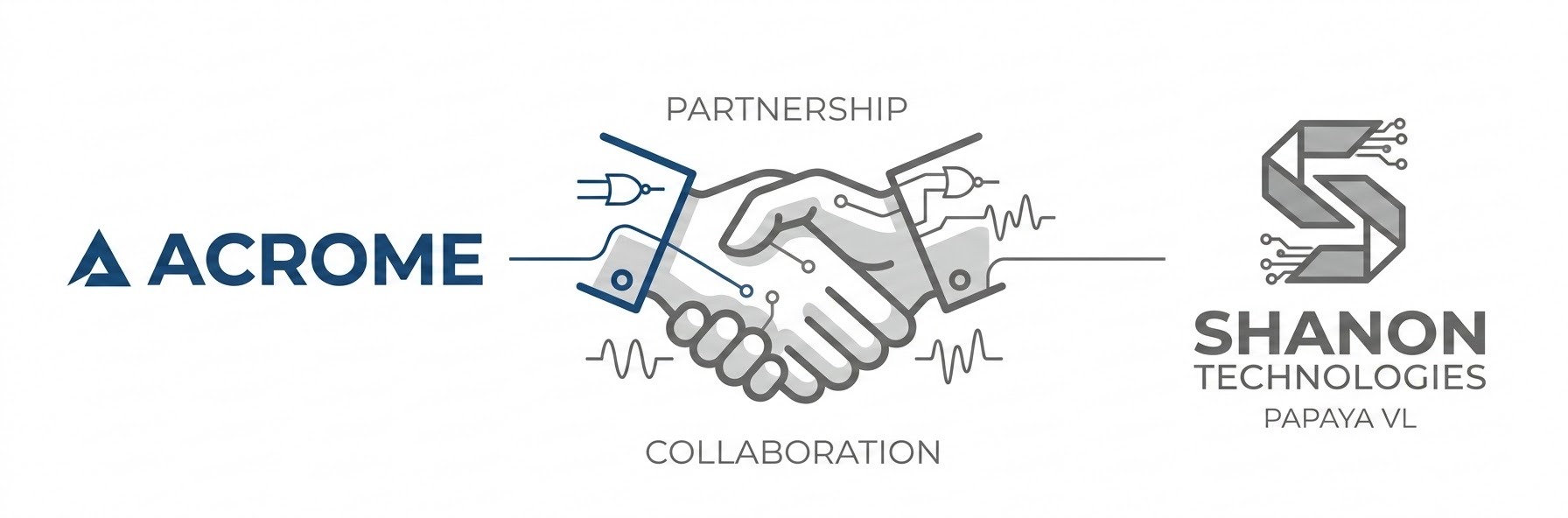 A professional and sleek B2B partnership iconograph on a clean white background. On the left is the '▲ ACROME' logo in its signature corporate blue. In the center is a modern, minimalist, and clean 'handshake' icon in a tech-oriented silver-grey, symbolizing collaboration. On the right is the Shanon Technologies logo, featuring tech-oriented design elements. The overall aesthetic is corporate, professional, and balanced, using a professional color palette of blue, grey, and white.