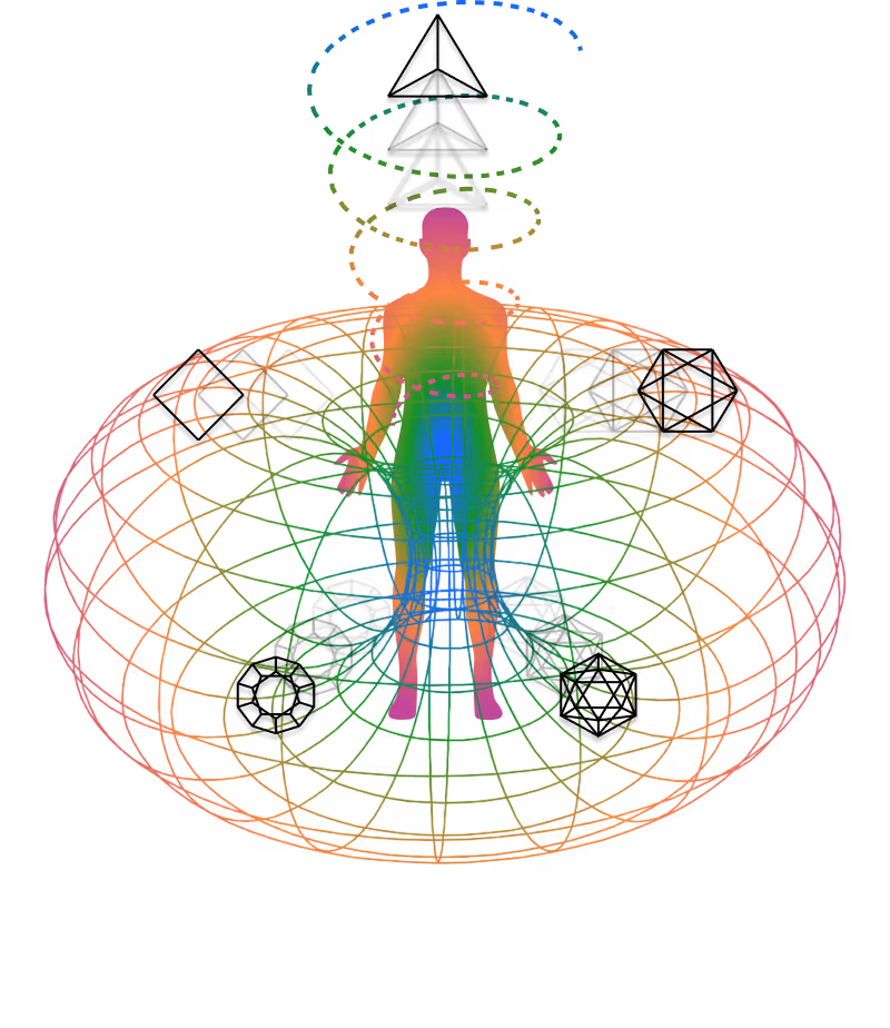 Silhouette of a human figure surrounded by a colorful 3D torus-shaped wireframe and ascending swirling dotted lines.