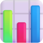 A colorful bar chart icon with four vertical bars in green, red, purple, and blue on a rounded square background.