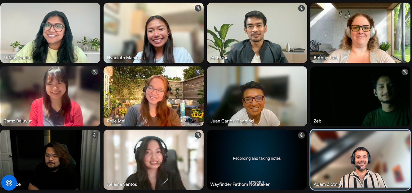 Twelve people in a virtual meeting grid, some with video on and some muted, smiling and engaging.
