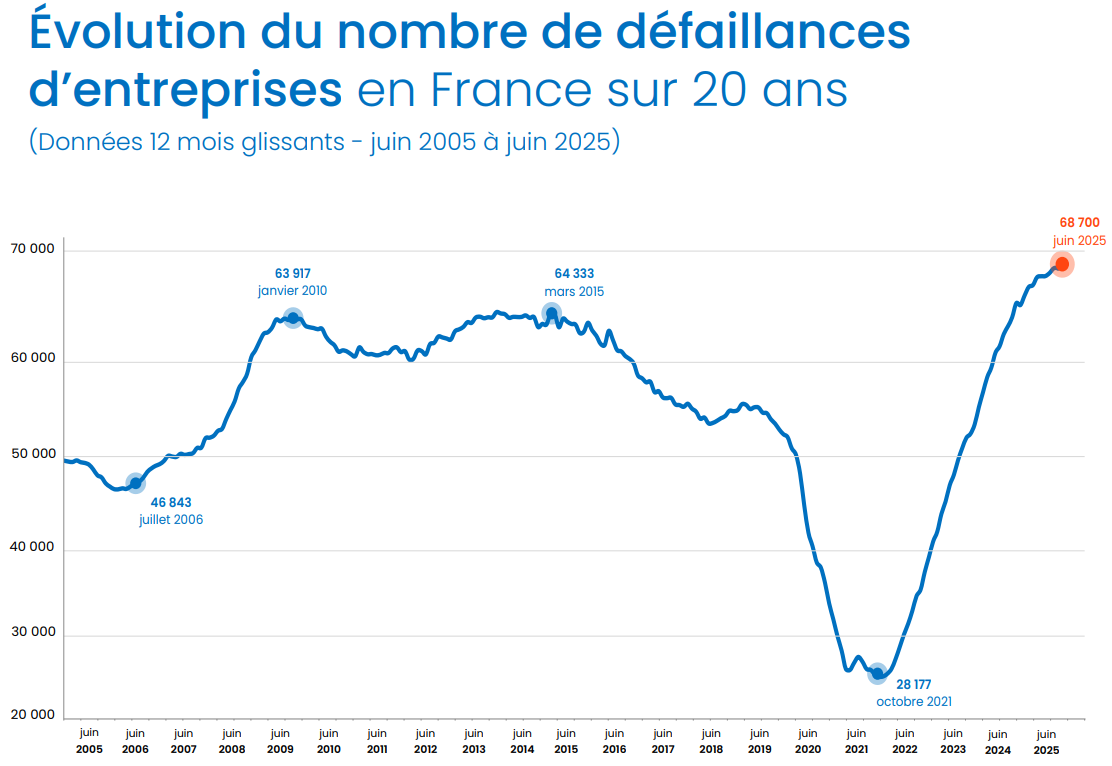 evolution du nombre de défaillances d'entreprises en France sur 20 ans