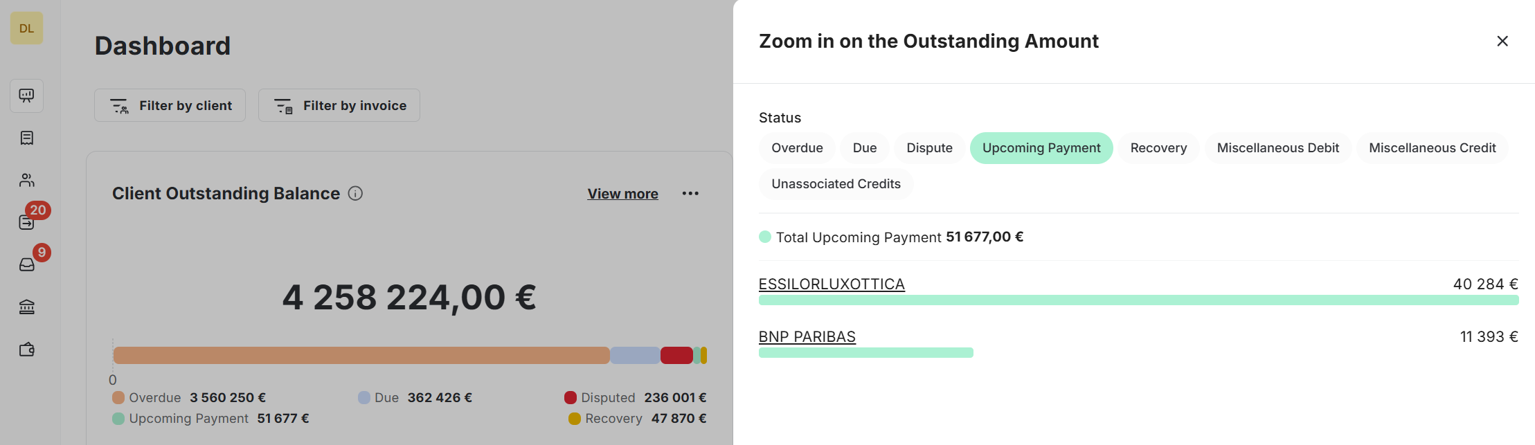 A dedicated “Promise to pay” category within outstanding amount analysis.Invoice status lists.