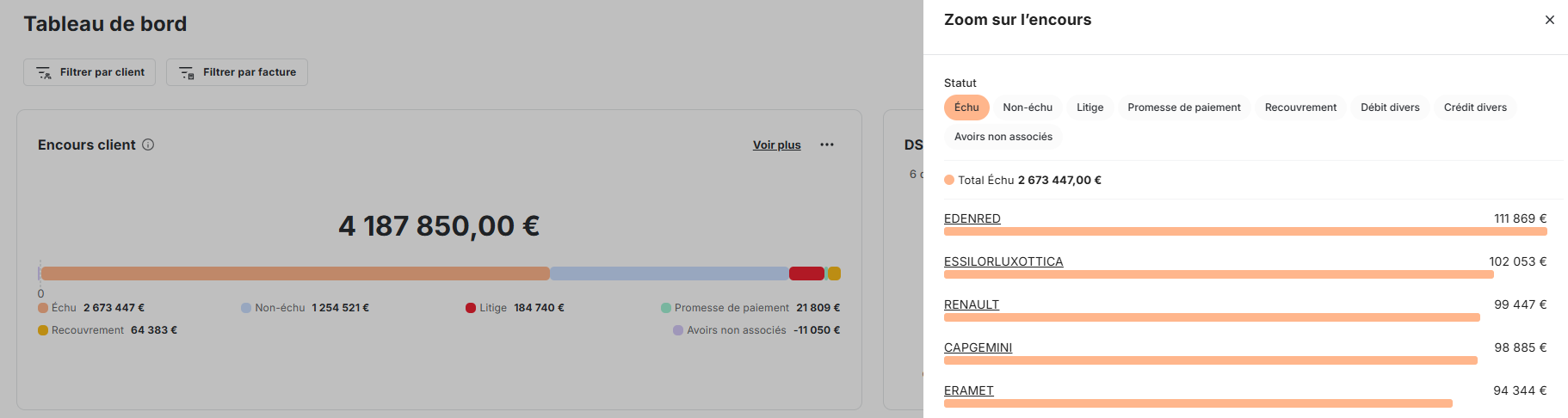Détails de l'encours client dans LeanPay