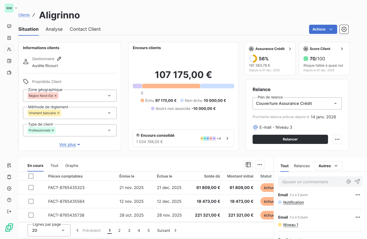 Scoring et limite de crédit Allianz Trade dans fiche client LeanPay