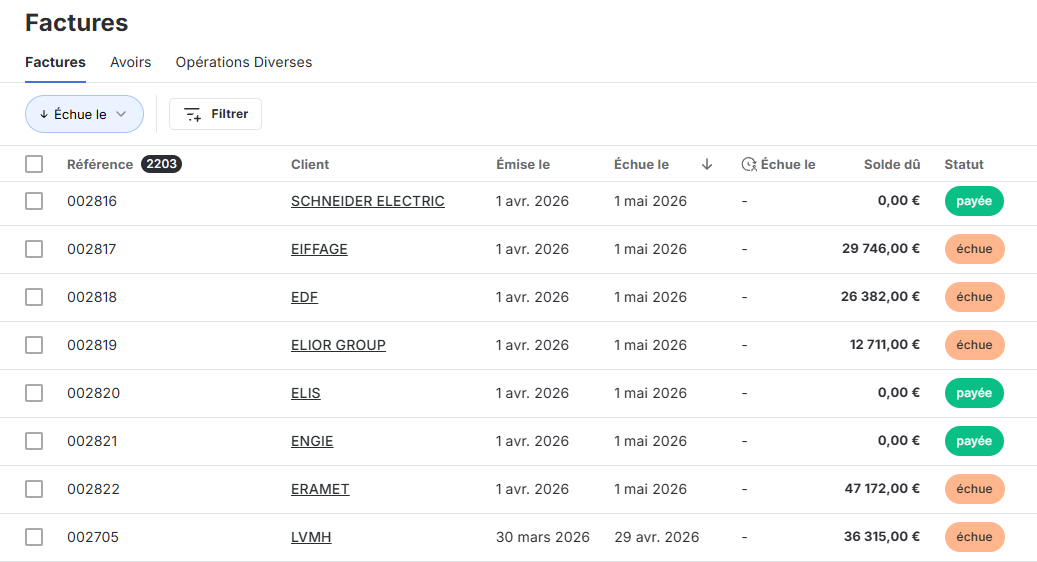 Liste des factures dans LeanPay