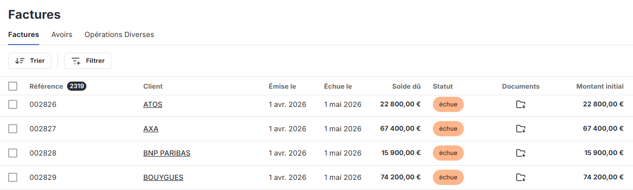 Liste des factures avec statut dans LeanPay