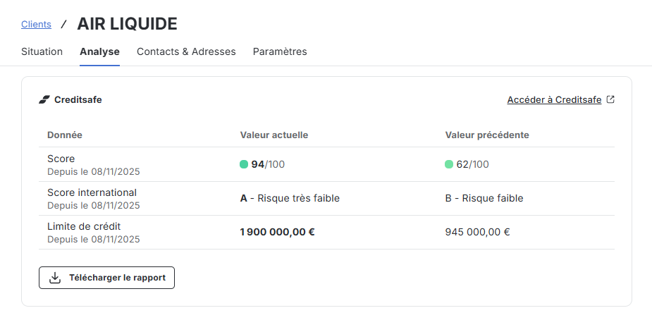 Scoring et limite de crédit Creditsafe dans l’onglet Analyse des fiches client dans LeanPay