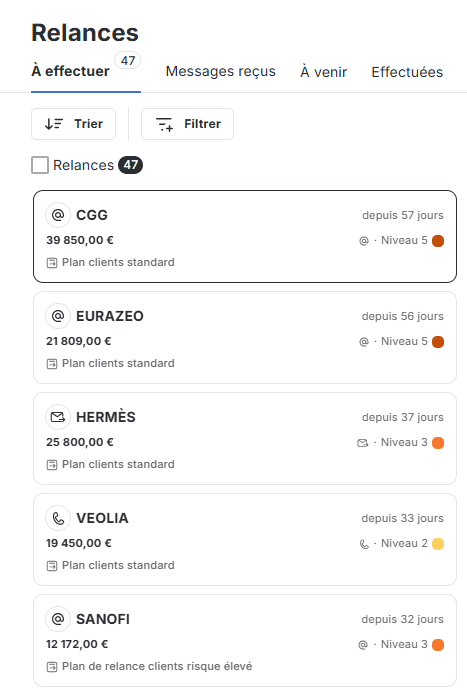 Liste des relances à effectuer dans LeanPay