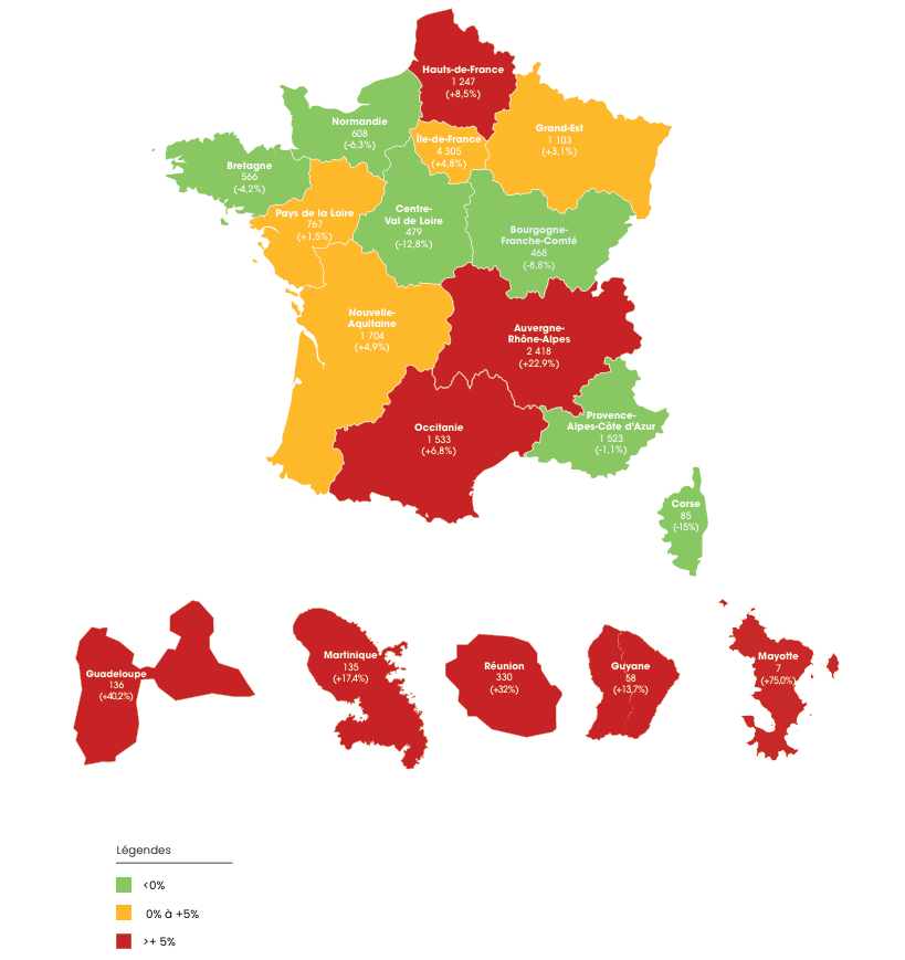 Altares - étude des défaillances et sauvegardes des entreprises en France au T2 2026 : carte d’évolution des défaillances par région au T2 2026