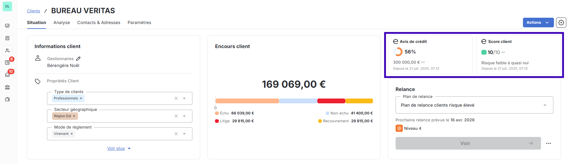 Avis de crédit et score client Ellisphere dans la fiche client LeanPay