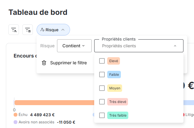 Filtre “propriétés clients risque” dans le tableau de bord de LeanPay