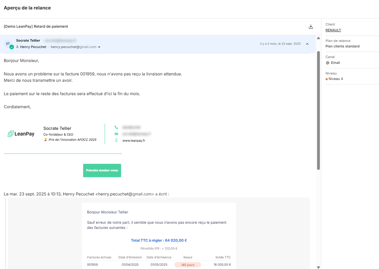 Aperçu de la relance avec adresse mail Gmail dans LeanPay