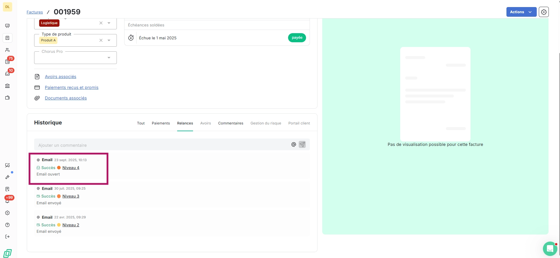 Historique des mails de relances dans la fiche facture de LeanPay
